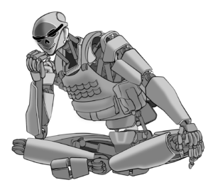 A robot sitting cross legged.